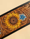 Full grain leather belt with hand-painted sunflowers and antique brass buckle set