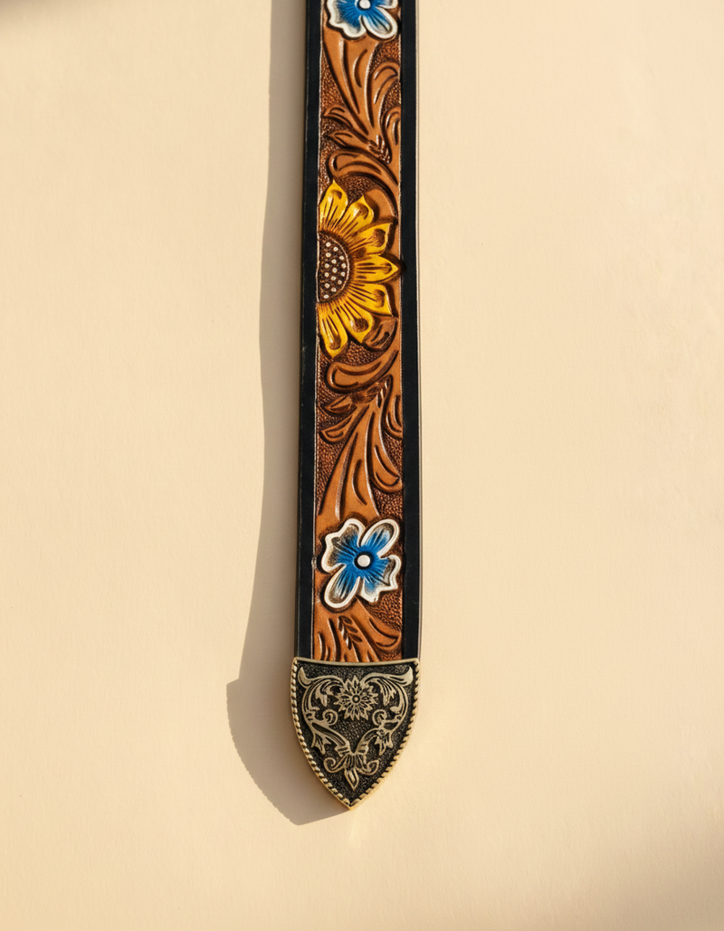 Sunflower Hand Tooled Western Leather Belt | Ya Qalbi