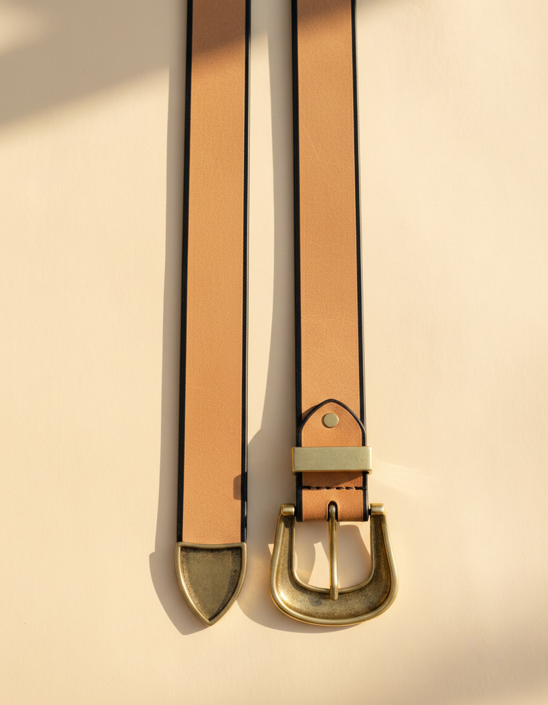 Full grain leather belt with hand-painted sunflowers and antique brass buckle set