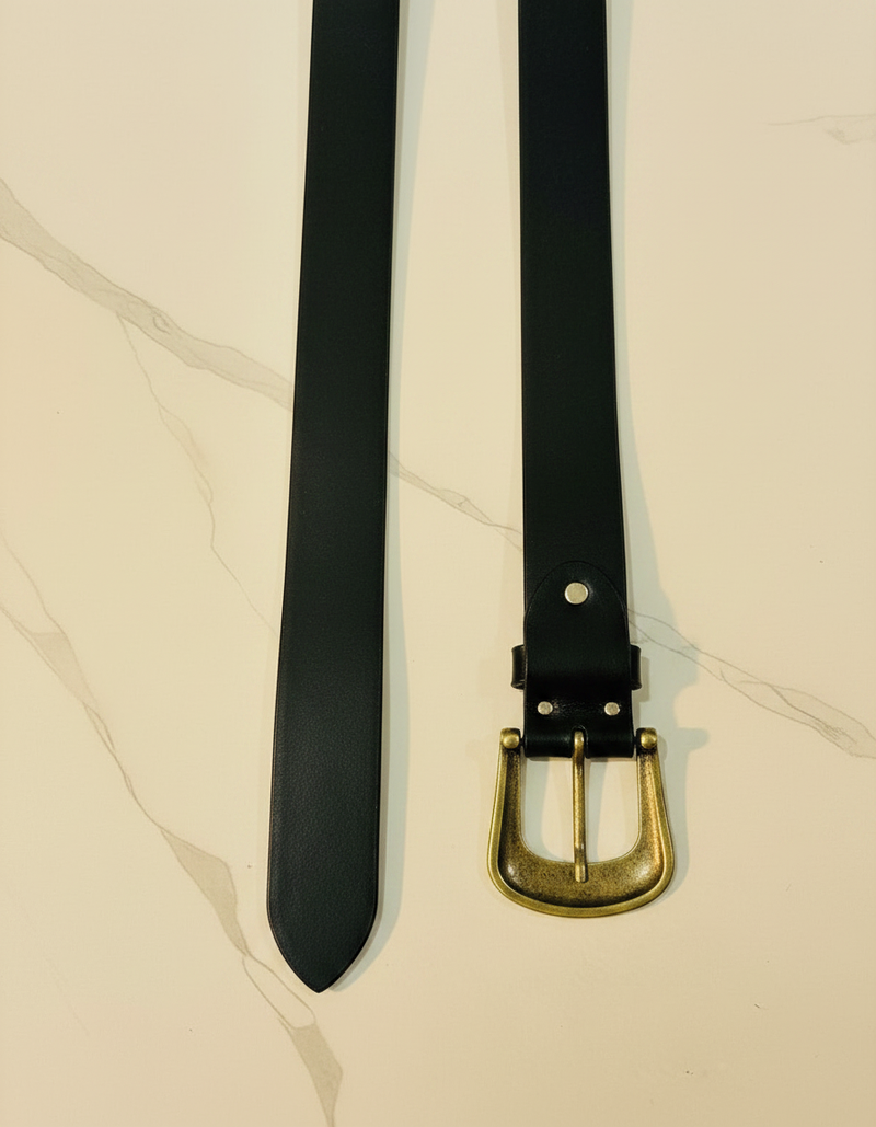 Full grain black leather belt with tan floral tooling and antique brass buckle