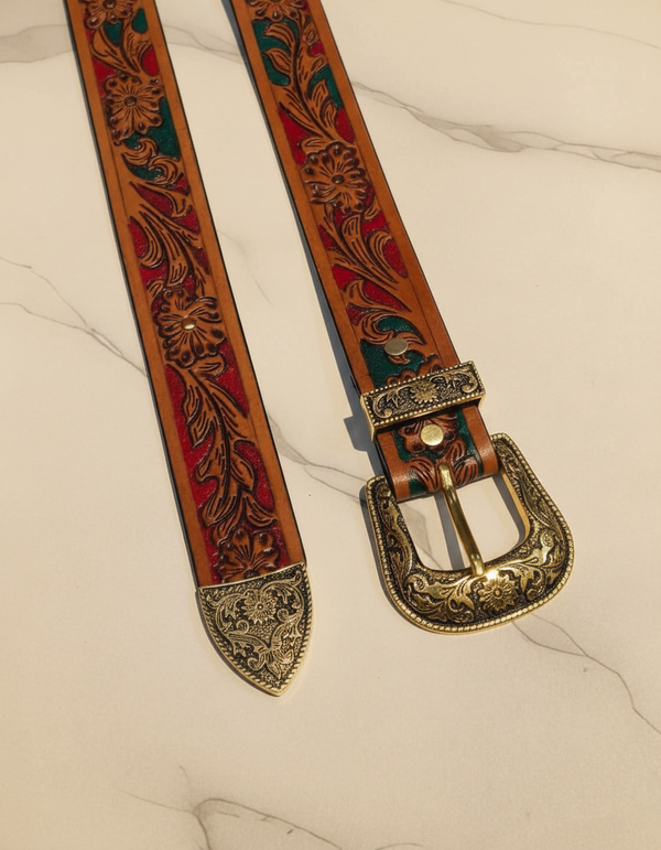 Red & Green Inlay Hand Tooled Western Leather Belt | Ya Qalbi