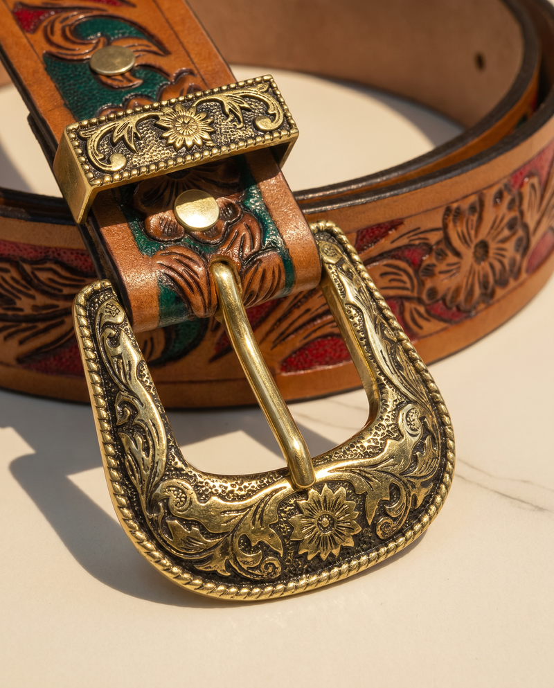 Handmade cowboy belt with hand carved floral and acanthus scrollwork