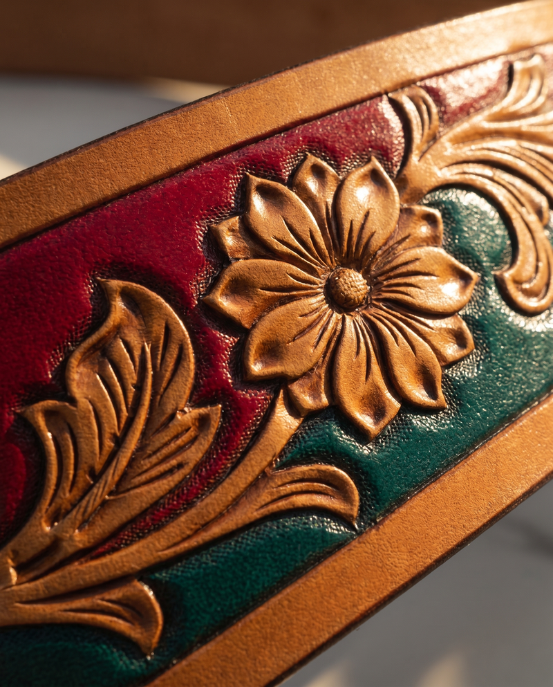 Full grain leather belt with red and green inlay and antique brass buckle set