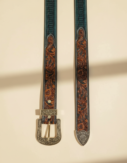 Emerald Green Hand Tooled Western Leather Belt | Ya Qalbi