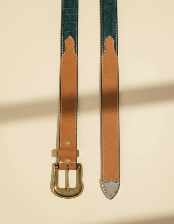 Full grain leather belt with green edges, tan floral carving, and silver buckle set