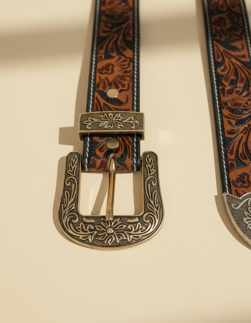 Handmade cowgirl western belt with hand carved acanthus scrollwork