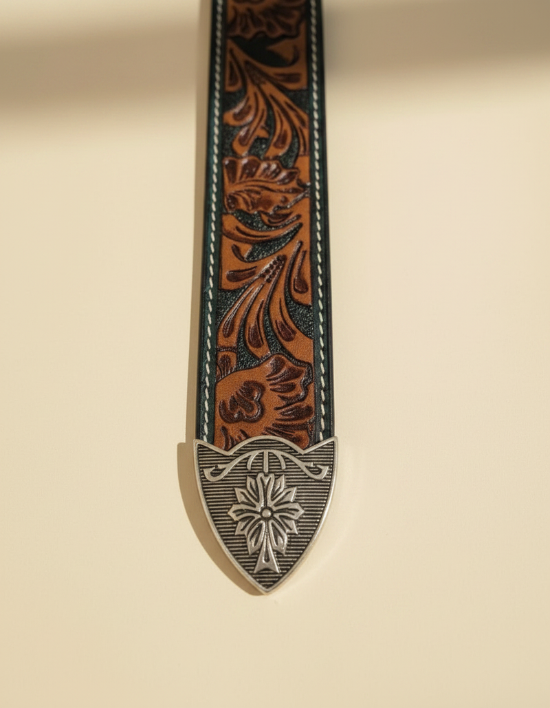 Emerald Green Hand Tooled Western Leather Belt | Ya Qalbi