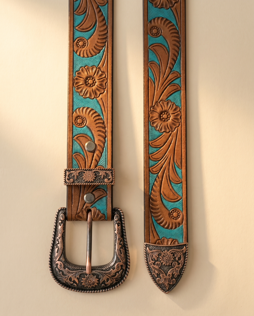 Turquoise Hand Tooled Western Leather Belt with Copper Buckle | Ya Qalbi