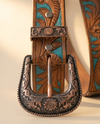 Full grain leather belt with turquoise inlay and engraved copper buckle set