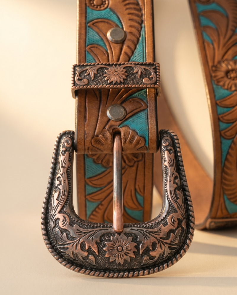 Full grain leather belt with turquoise inlay and engraved copper buckle set