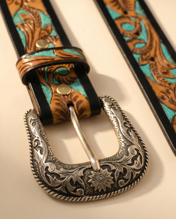 Full grain leather belt with turquoise inlay and engraved silver buckle