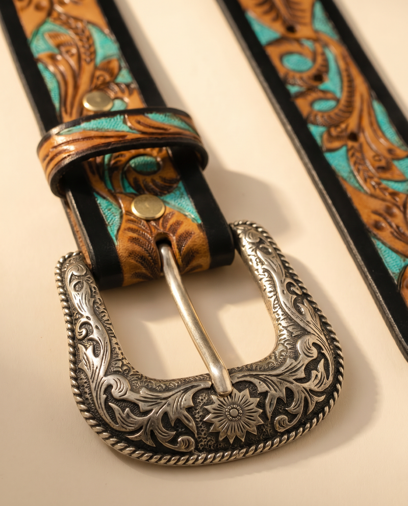 Full grain leather belt with turquoise inlay and engraved silver buckle