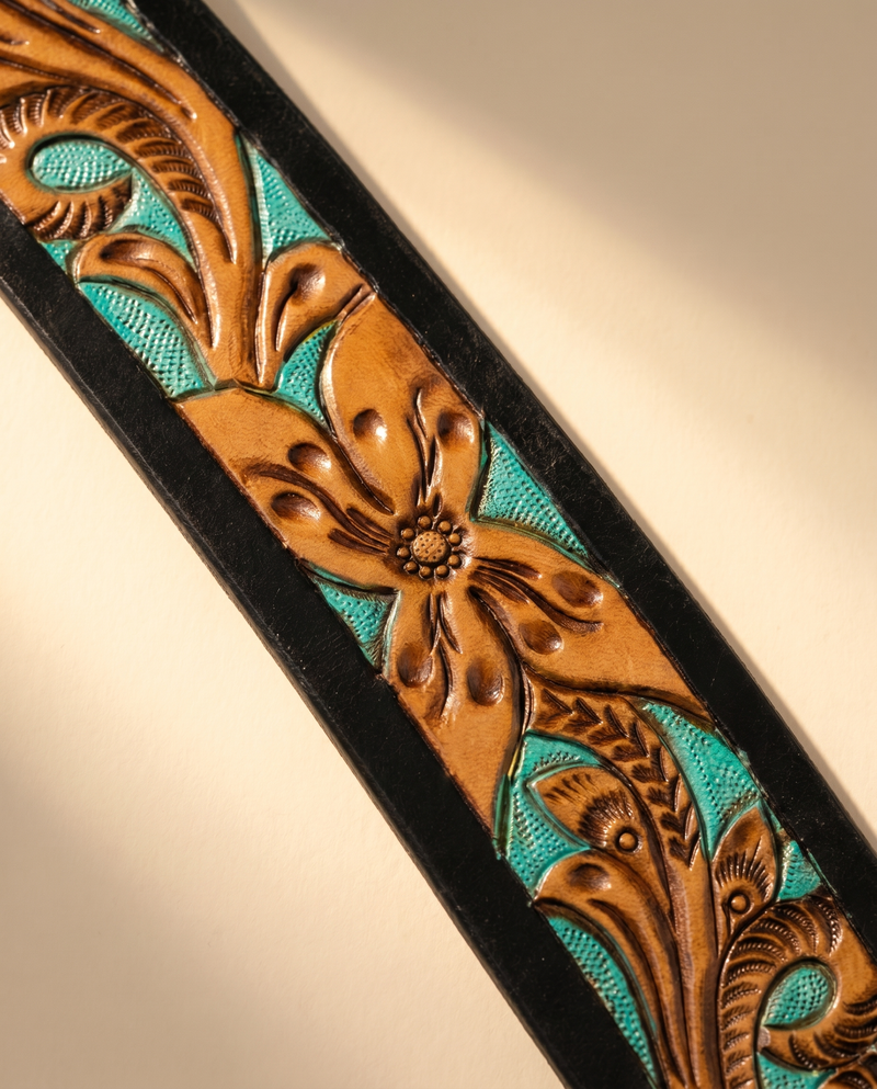 Handmade cowgirl western belt with hand carved floral scrollwork