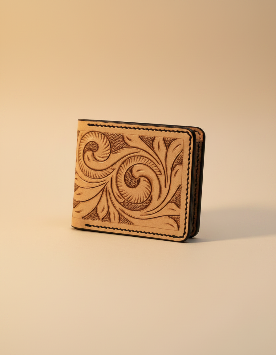 Natural Tooled Leather Wallet for Men – Western Floral Scroll Bifold