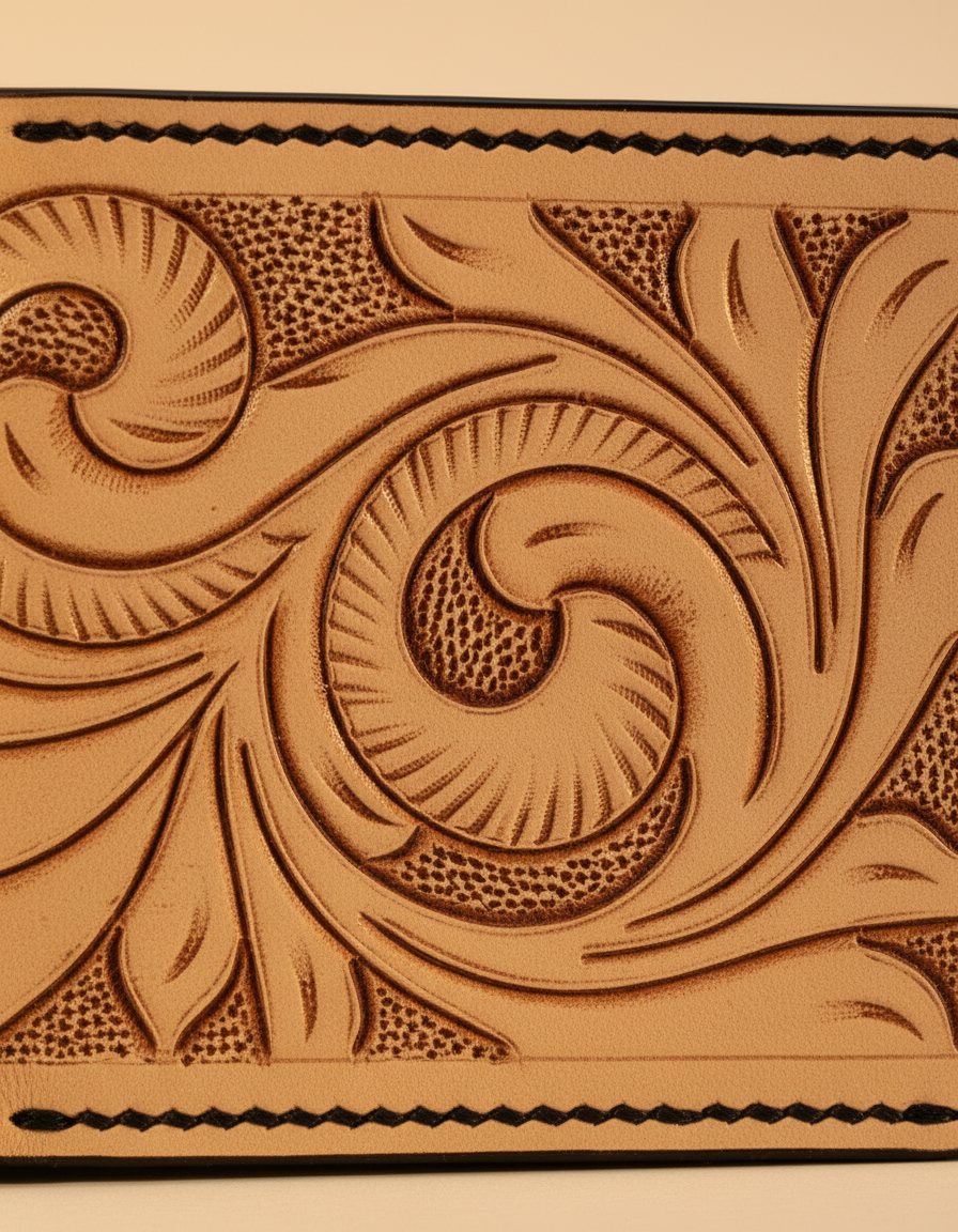 Natural Tooled Leather Wallet for Men – Western Floral Scroll Bifold