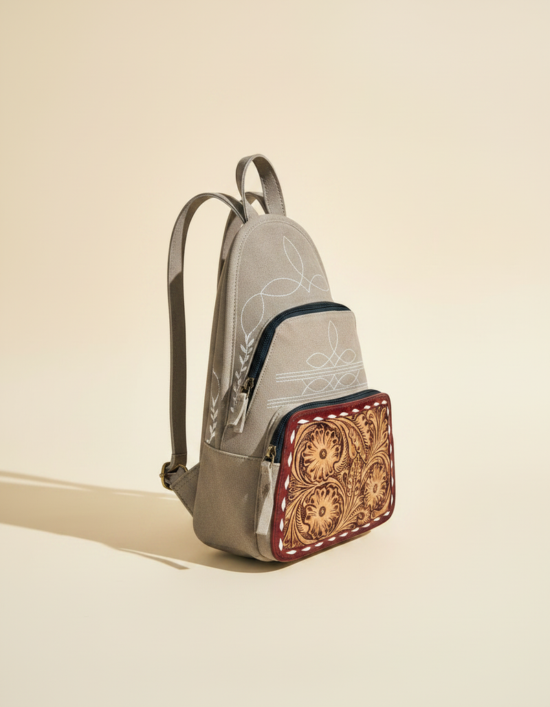 Taupe Suede Tooled Leather Backpack – Oxblood Buckstitch Frame