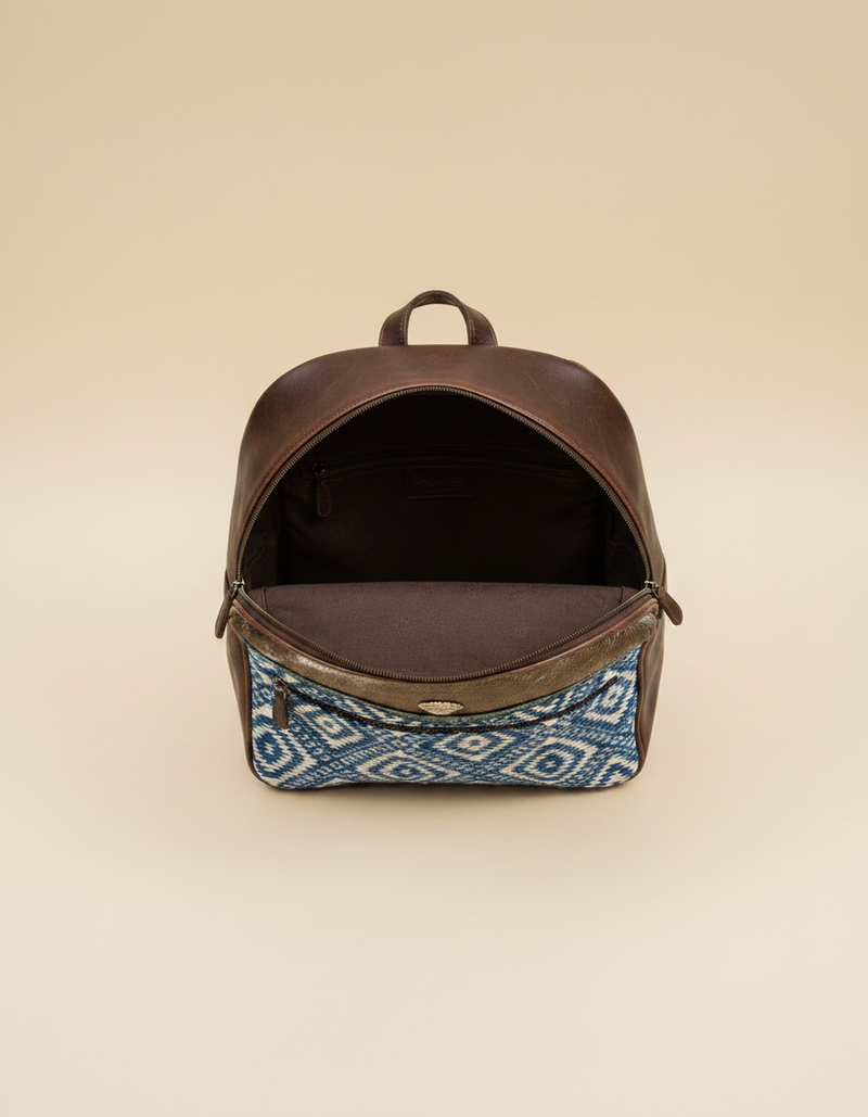 Brown Hair-On Leather Backpack – Blue Aztec Weave and Concho