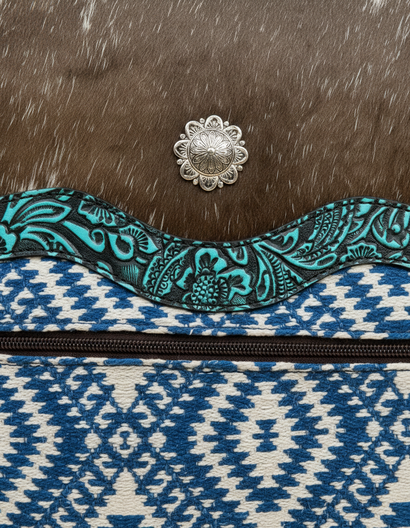 Brown Hair-On Leather Backpack – Blue Aztec Weave and Concho