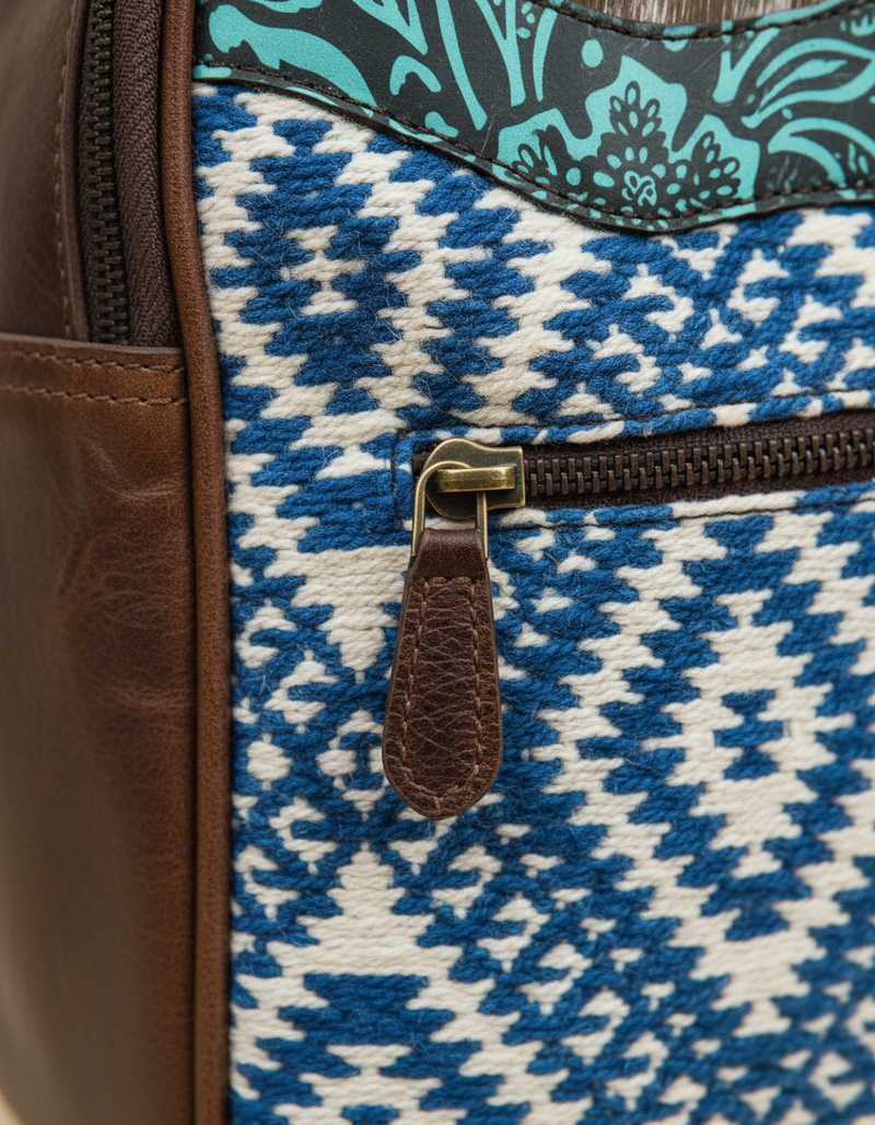 Brown Hair-On Leather Backpack – Blue Aztec Weave and Concho