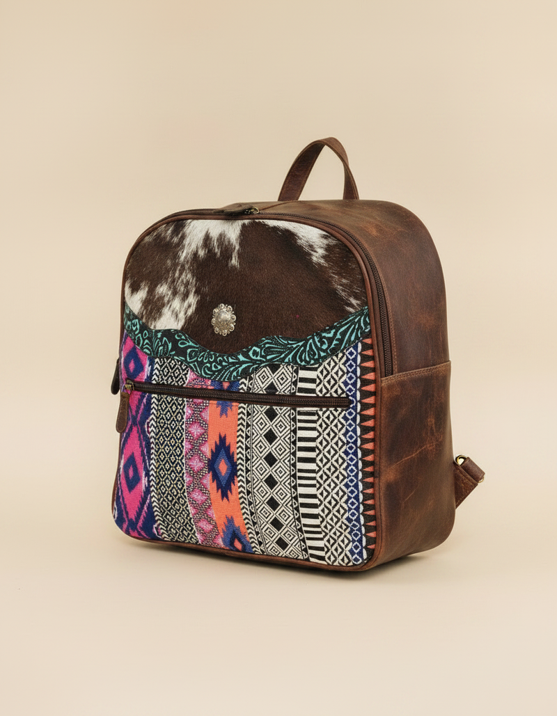 Brown Hair-On Leather Backpack – Woven Southwestern Panel & Concho