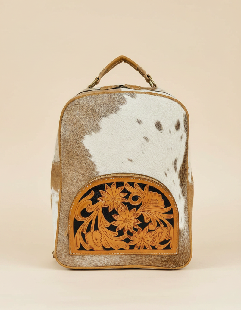 Tan and White Hair-On Leather Backpack – Tooled Sunflower Pocket