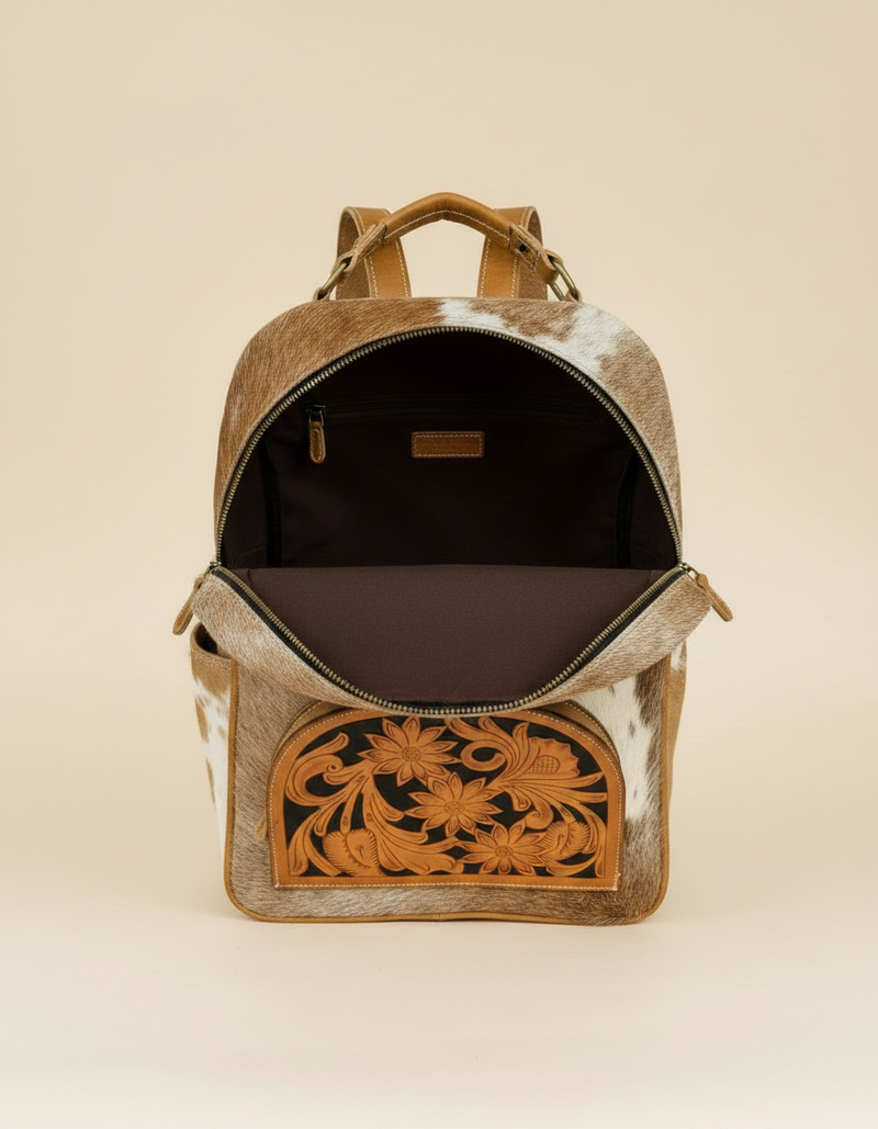 Tan and White Hair-On Leather Backpack – Tooled Sunflower Pocket