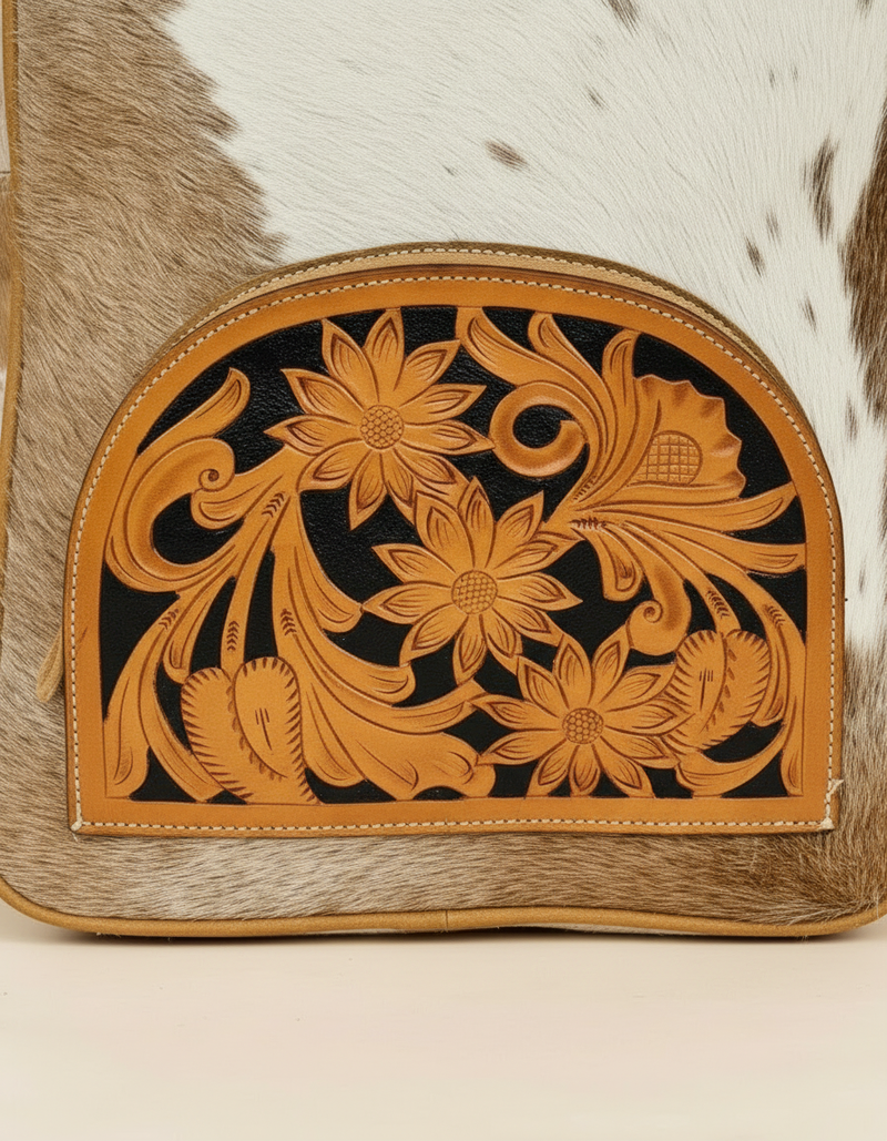 Tan and White Hair-On Leather Backpack – Tooled Sunflower Pocket