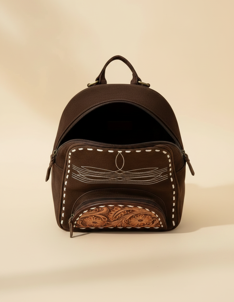 Open dark brown suede backpack