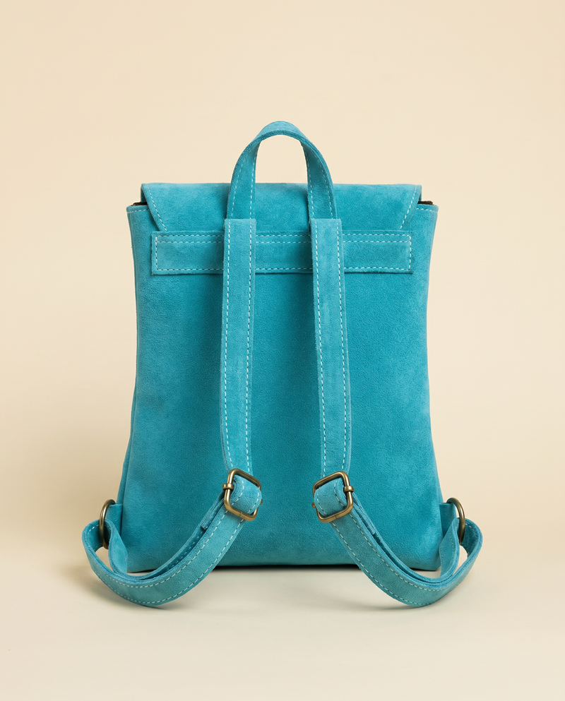 Turquoise Suede Backpack – Painted Tooled Flap & Longhorn Stitch