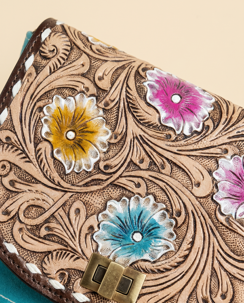 Turquoise Suede Backpack – Painted Tooled Flap & Longhorn Stitch