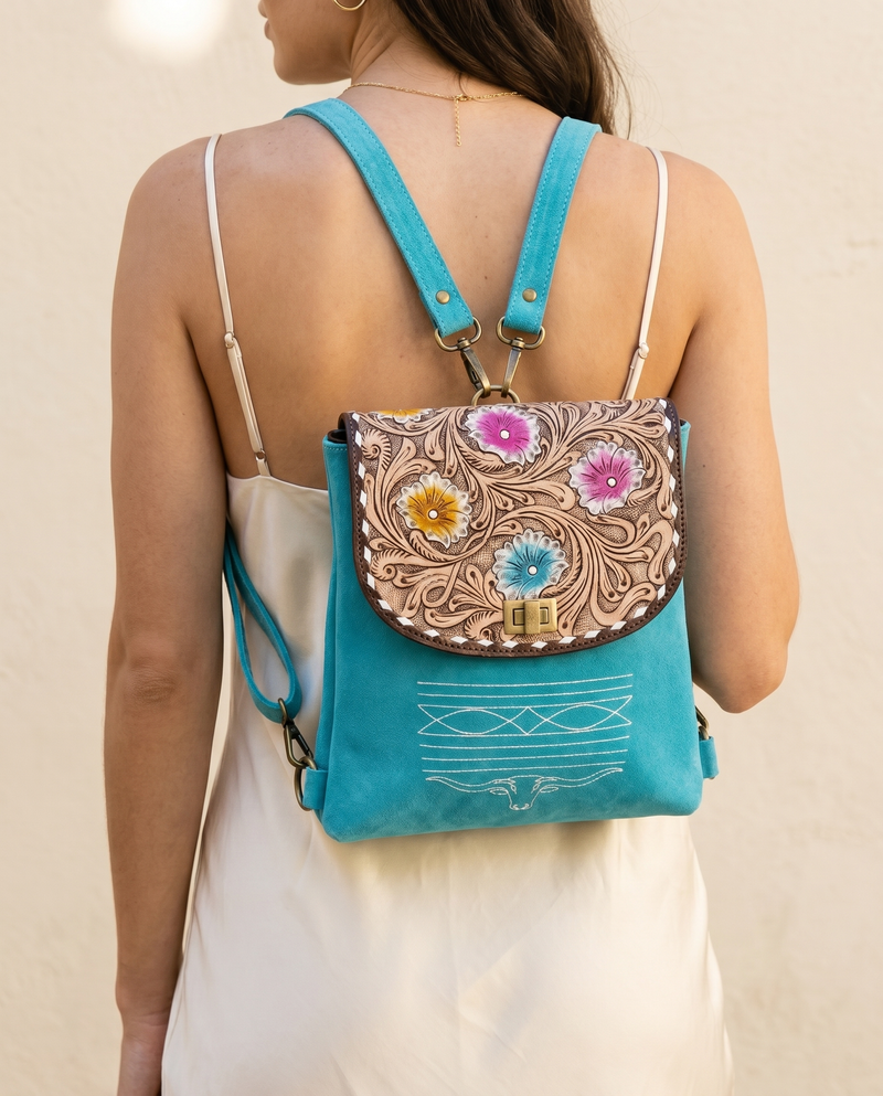 Turquoise Suede Backpack – Painted Tooled Flap & Longhorn Stitch