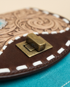 Turquoise Suede Backpack – Painted Tooled Flap & Longhorn Stitch
