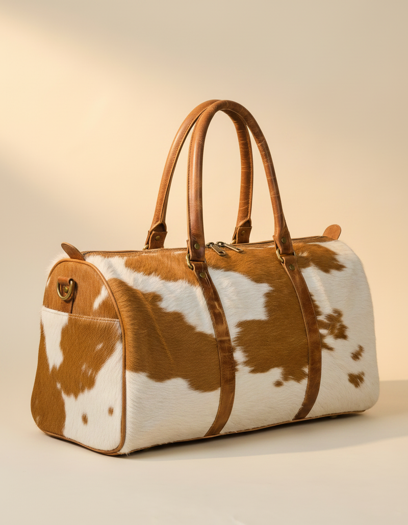 Tan and White Hair-On Duffle – Distressed Tan Leather Base