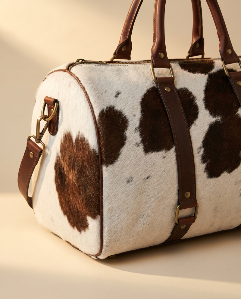 Chocolate Spot Hair-On Duffle – Brown Leather Straps & Brass Links