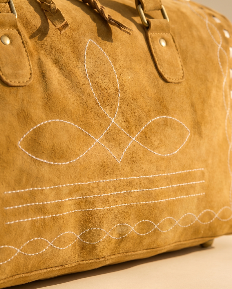 Tan Suede Bootstitch Duffle – Buckstitch Edges & Braided Pulls