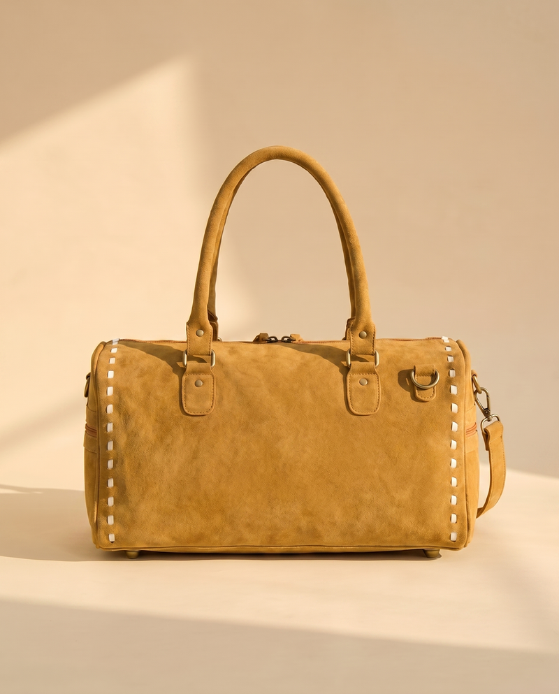 Tan Suede Bootstitch Duffle – Buckstitch Edges & Braided Pulls