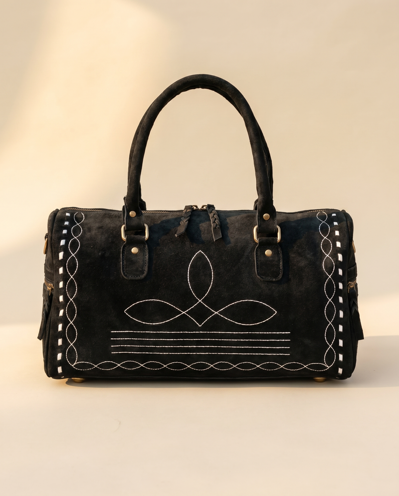 Black Suede Bootstitch Barrel Bag – White Buckstitch Trim