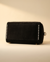 Black Suede Bootstitch Barrel Bag – White Buckstitch Trim