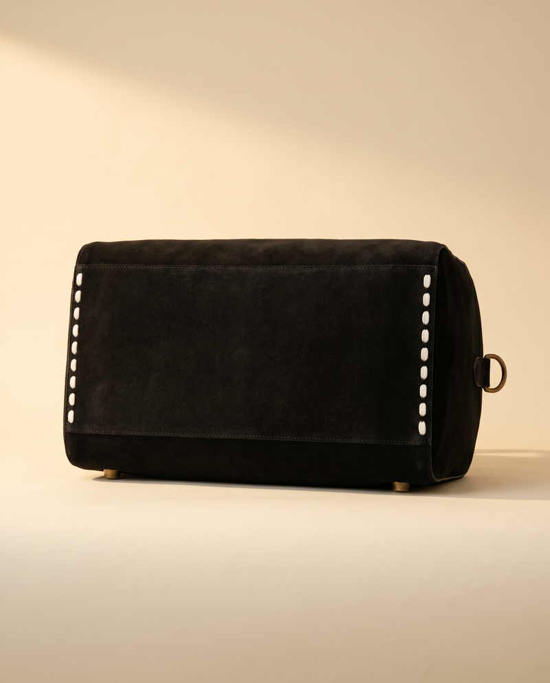 Black Suede Bootstitch Barrel Bag – White Buckstitch Trim