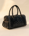 Black Suede Bootstitch Barrel Bag – White Buckstitch Trim