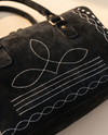 Black Suede Bootstitch Barrel Bag – White Buckstitch Trim