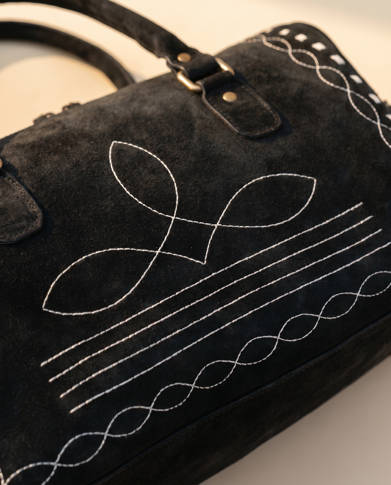 Black Suede Bootstitch Barrel Bag – White Buckstitch Trim