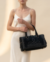 Black Suede Bootstitch Barrel Bag – White Buckstitch Trim