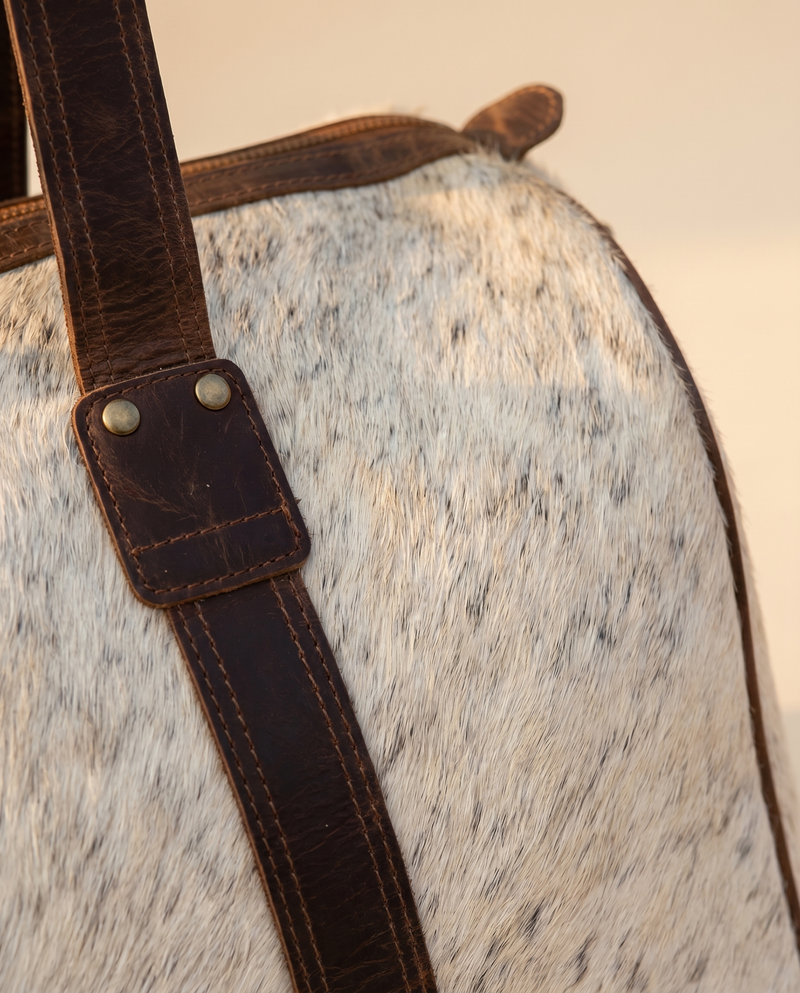 Salt and Pepper Hair-On Duffle – Brown Leather Handle Wrap