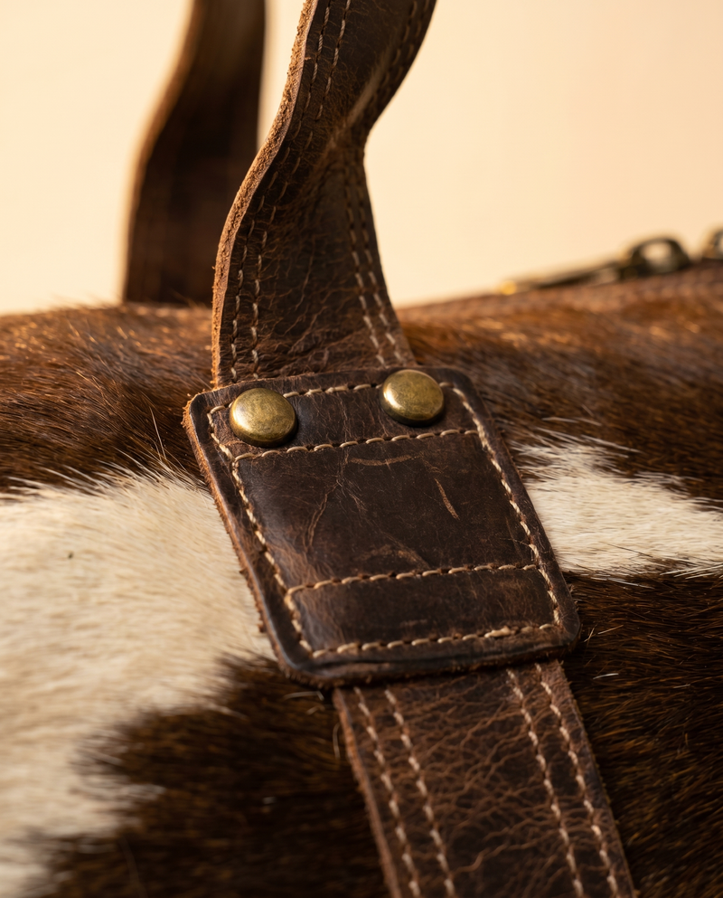 Brown Patch Hair-On Weekender – Distressed Leather Handle Wrap
