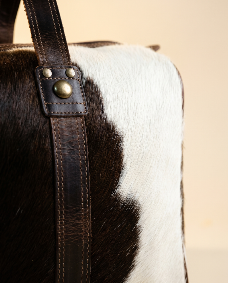 Brown Patch Hair-On Weekender – Distressed Leather Handle Wrap
