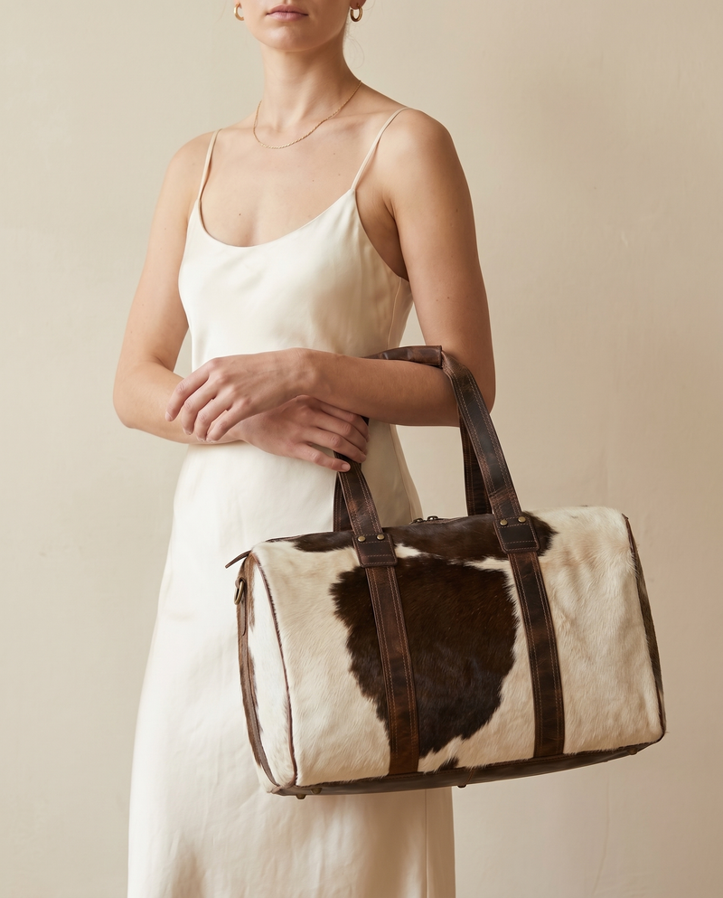 Brown Patch Hair-On Weekender – Distressed Leather Handle Wrap