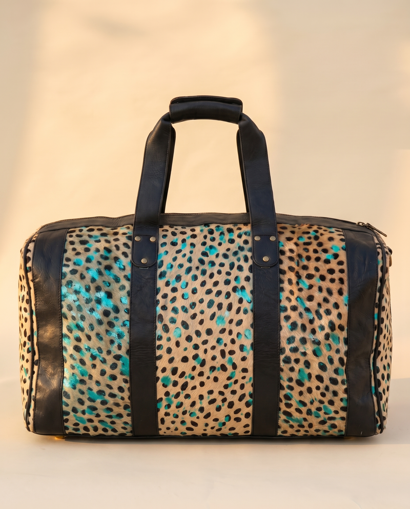 Cheetah Print Hair-On Duffle – Turquoise Metallic Accents