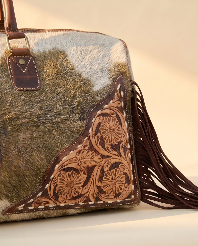 Brown and White Hair-On Duffle – Tooled Corners & Turquoise Concho