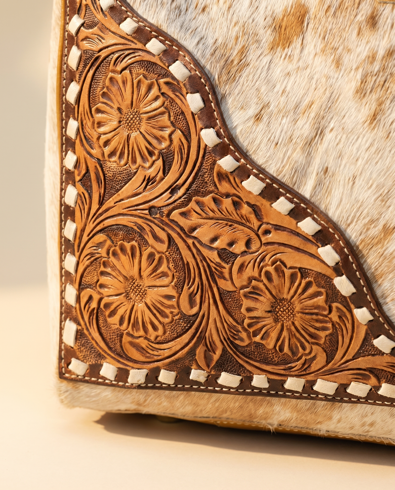 Speckled Tan Hair-On Travel Duffle – Tooled Floral Corners
